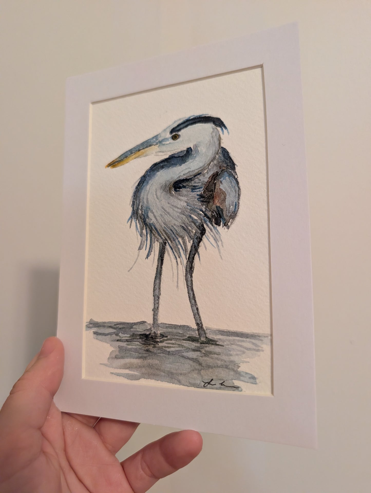 Great Blue Heron Watercolor Painting - 4 x 6" - No Frame, Comes with Mat - Original Art by Lora Cavallin