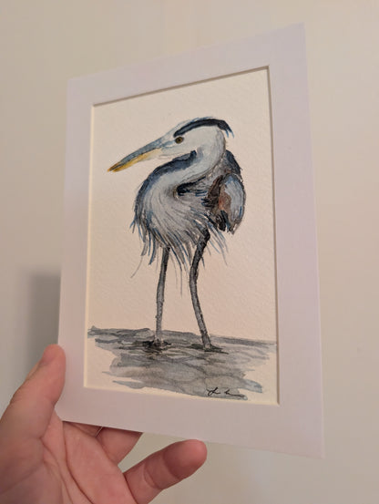 Great Blue Heron Watercolor Painting - 4 x 6" - No Frame, Comes with Mat - Original Art by Lora Cavallin