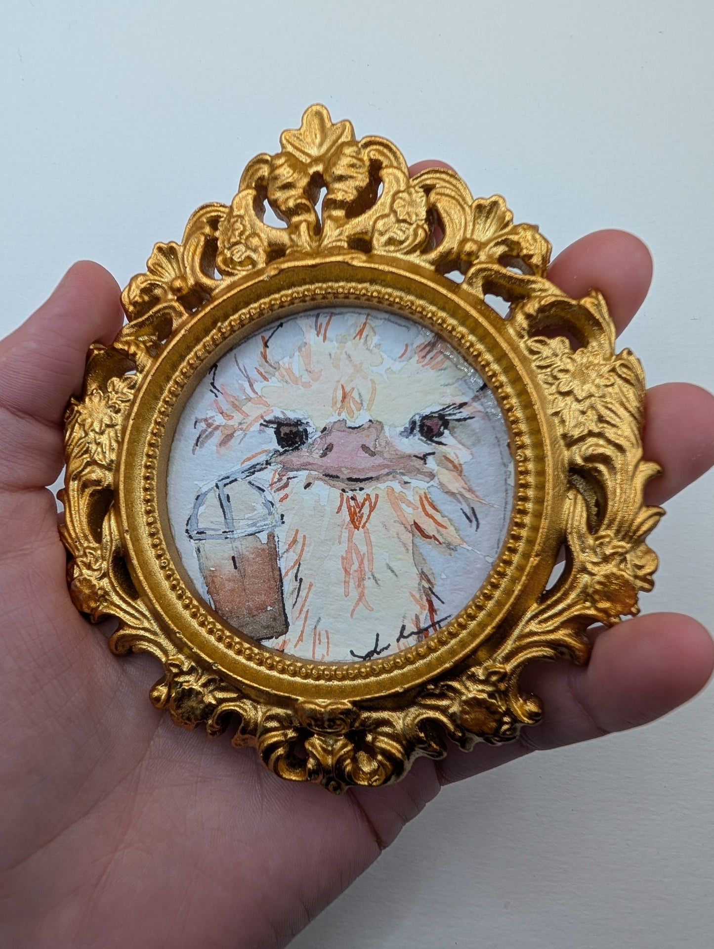 Mini Ostrich with Frozen Coffee Painting - Original Watercolor Art by Lora Cavallin