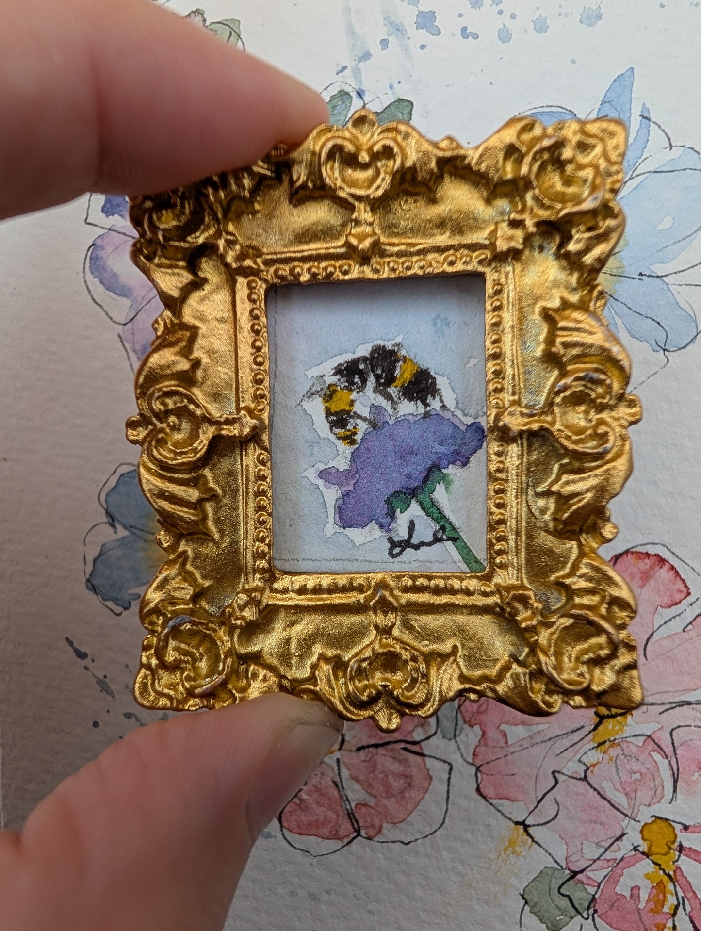 Mini Bee on Flower Painting - Original Watercolor Art by Lora Cavallin