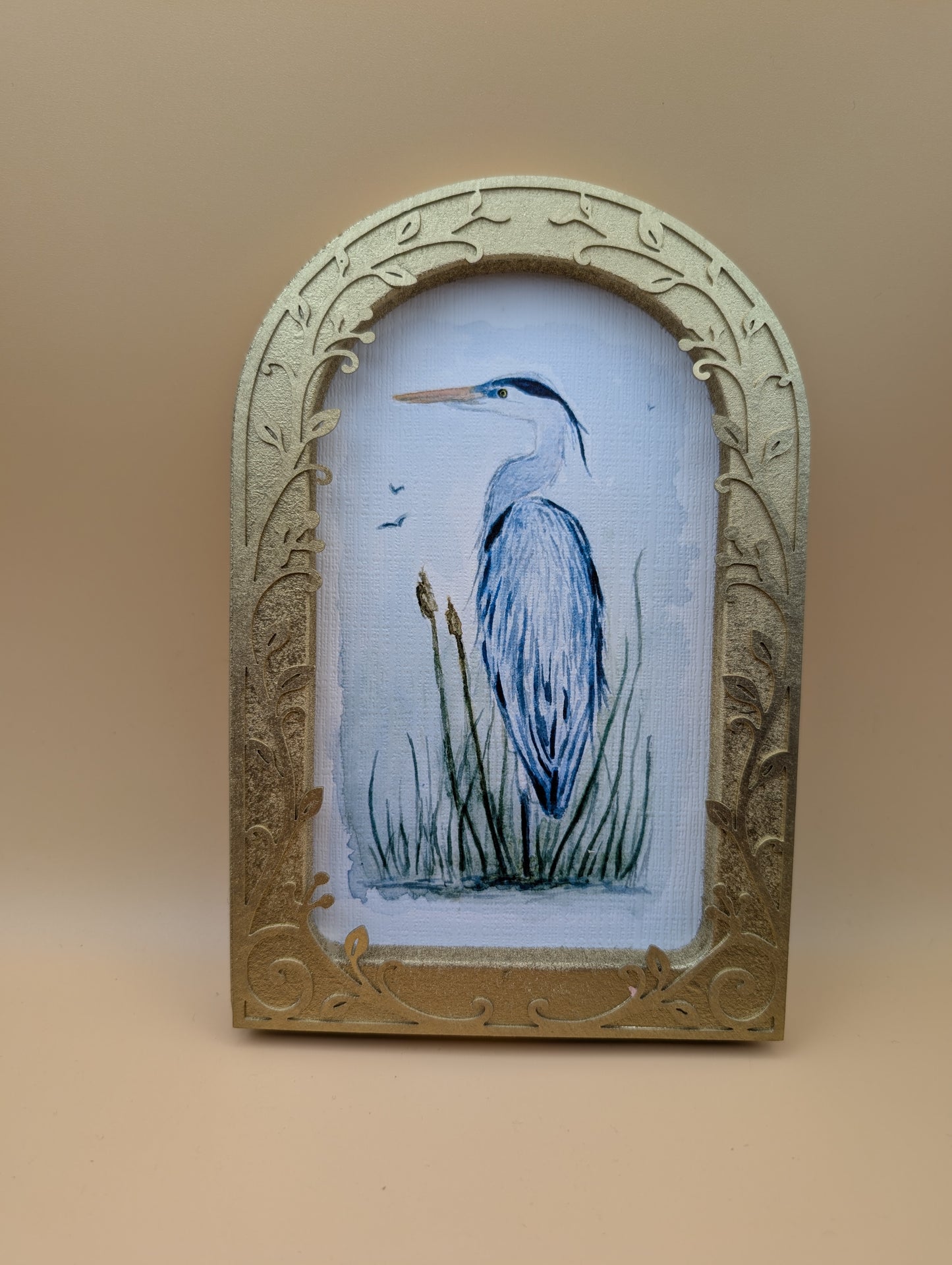 Blue Heron in Reeds - Arched Frame