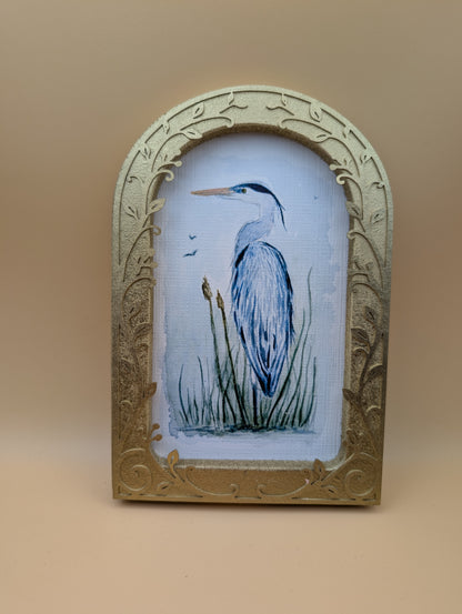 Blue Heron in Reeds - Arched Frame