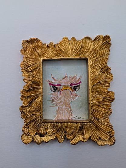 Mini Grumpy Ostrich with Glasses Painting - Original Watercolor Art by Lora Cavallin
