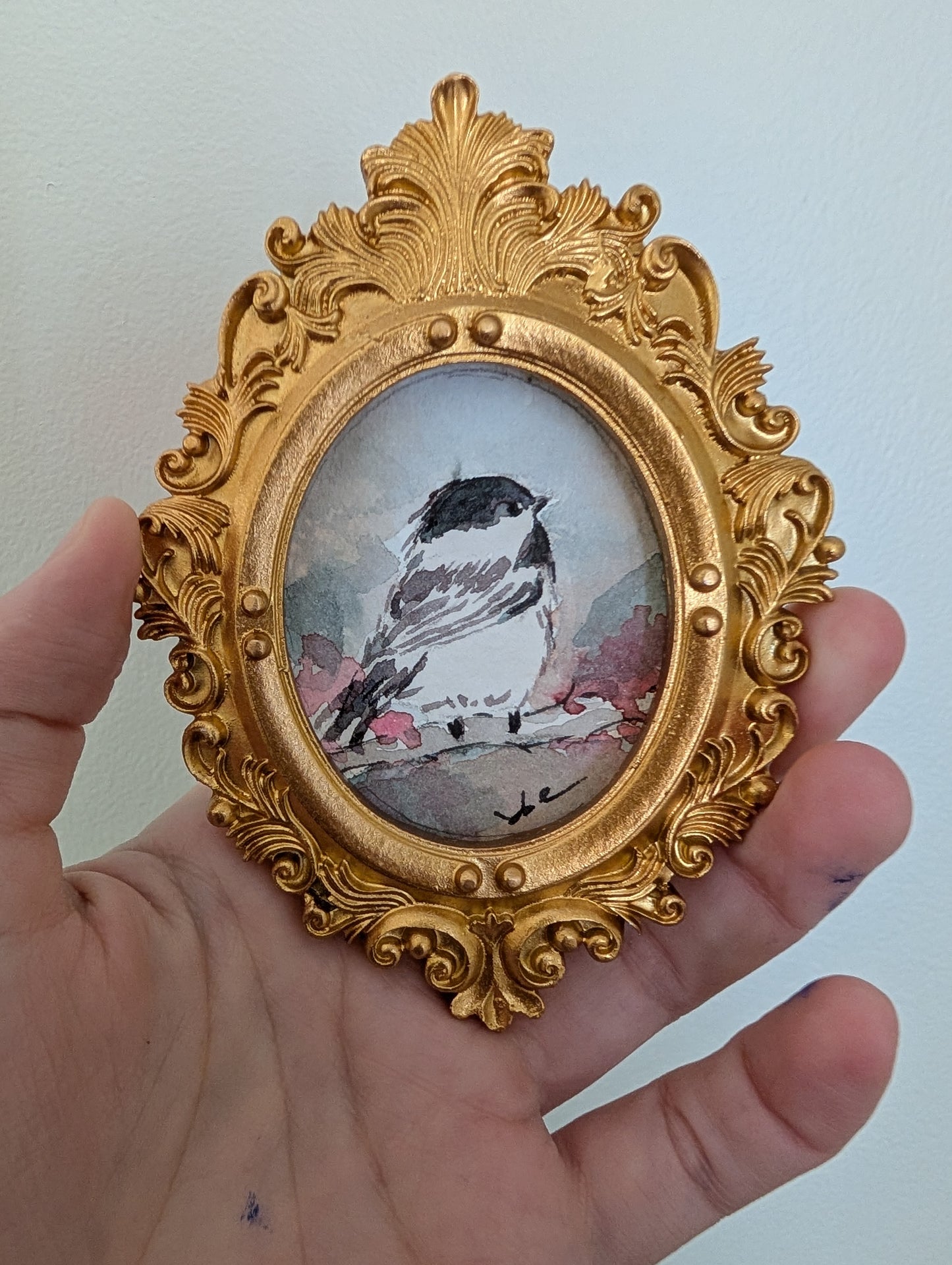 Mini Chickadee Bird Painting - Original Watercolor Art by Lora Cavallin
