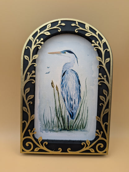 Blue Heron in Reeds - Arched Frame