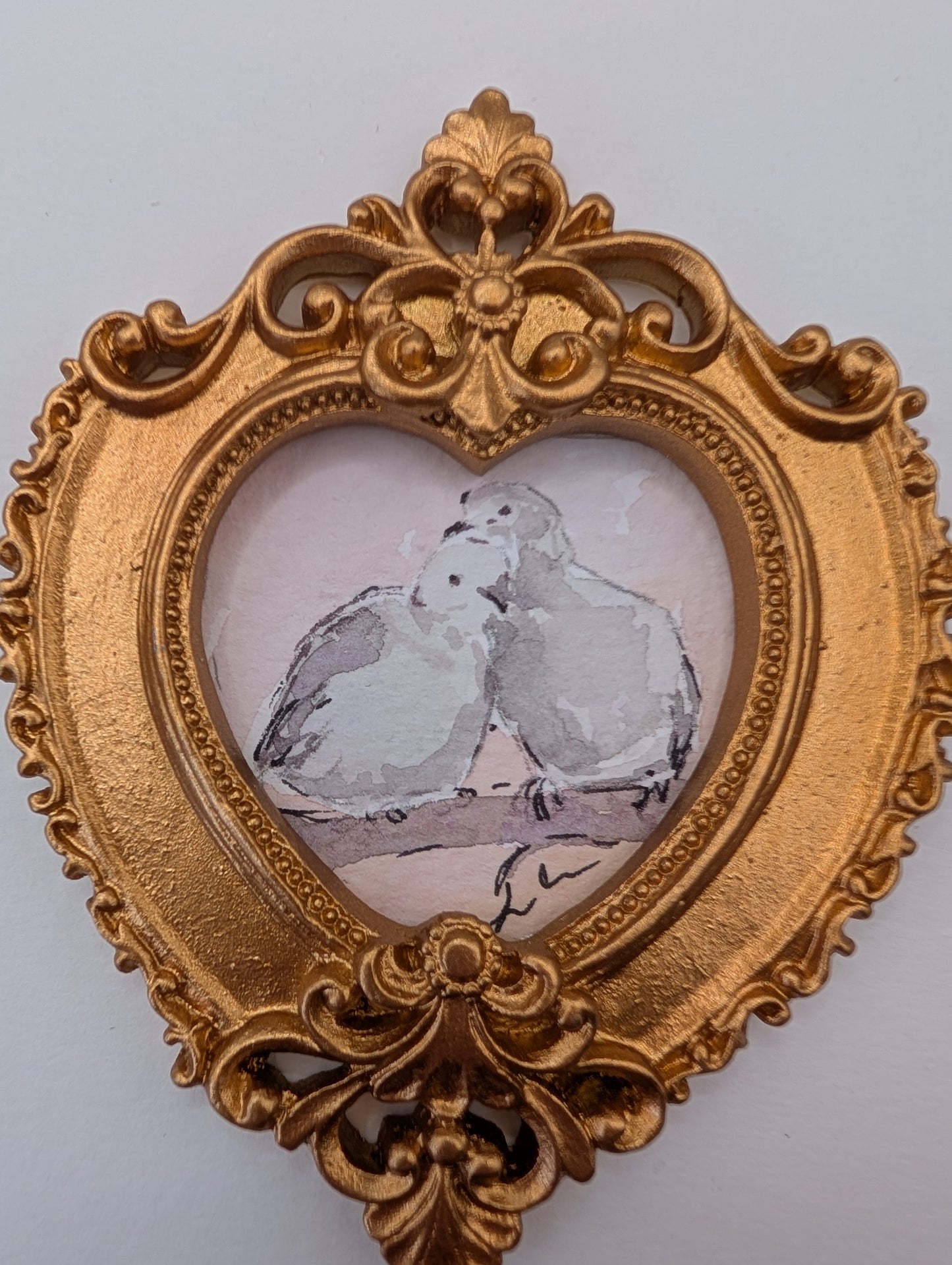 Mini Doves in Love Painting - Original Watercolor Art by Lora Cavallin