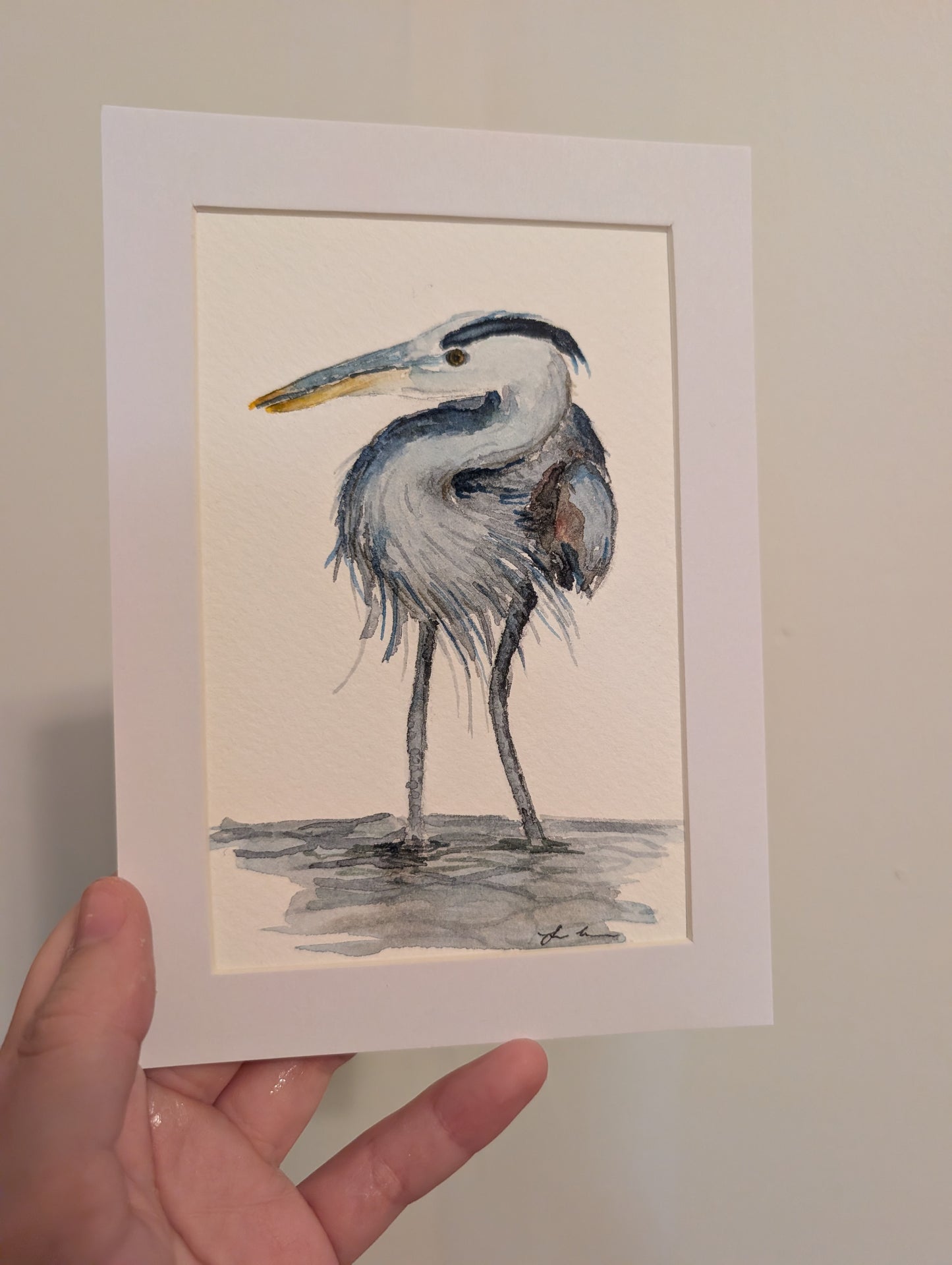 Great Blue Heron Watercolor Painting - 4 x 6" - No Frame, Comes with Mat - Original Art by Lora Cavallin