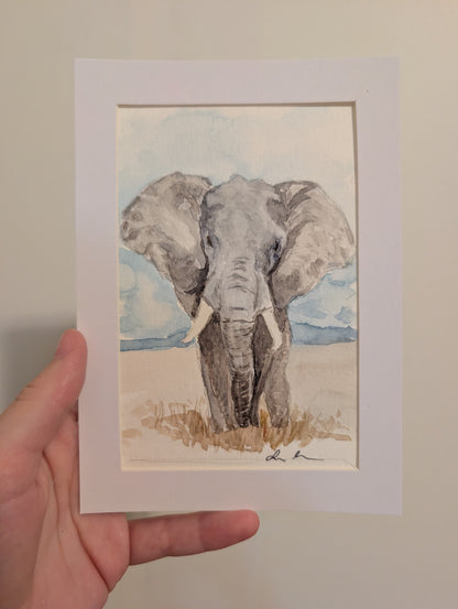 Elephant Watercolor Painting - 4 x 6" - No Frame, Comes with Mat - Original Art by Lora Cavallin