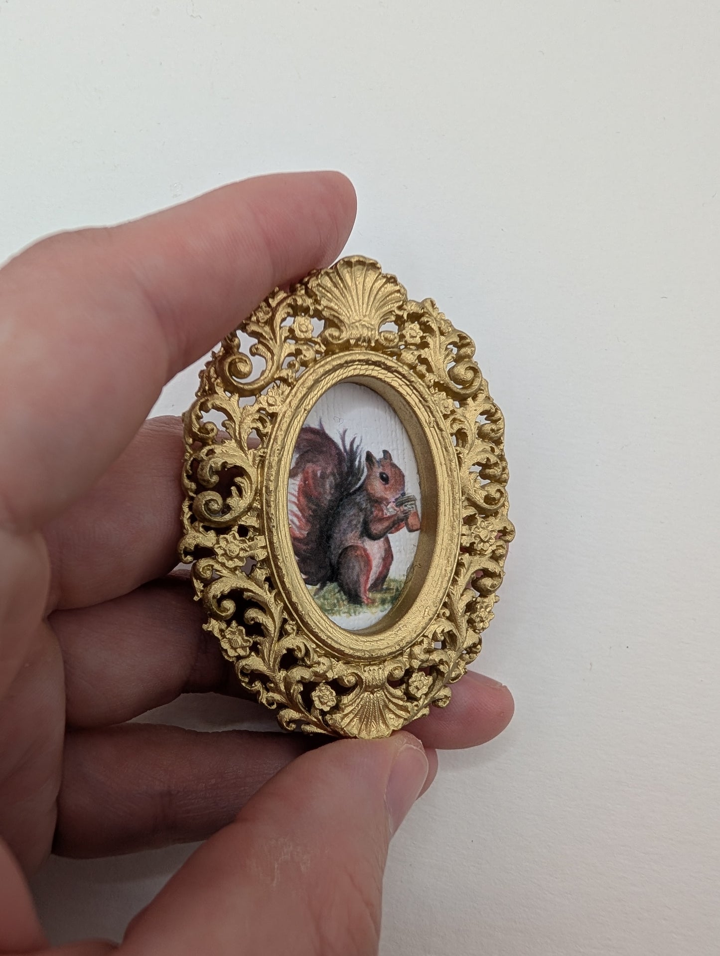 Tiny Squirrel Drinking Coffee Art Print - Dollhouse Size - With Gold Frame