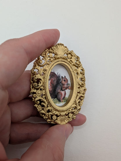 Tiny Squirrel Drinking Coffee Art Print - Dollhouse Size - With Gold Frame