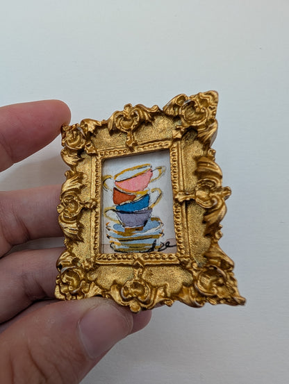 Mini Stack of Teacups Painting - Original Watercolor Art by Lora Cavallin