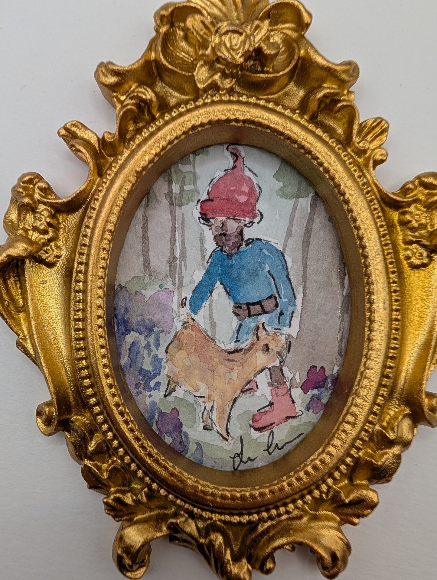 Mini Forrest Gnome with Cat Painting - Original Watercolor Art by Lora Cavallin