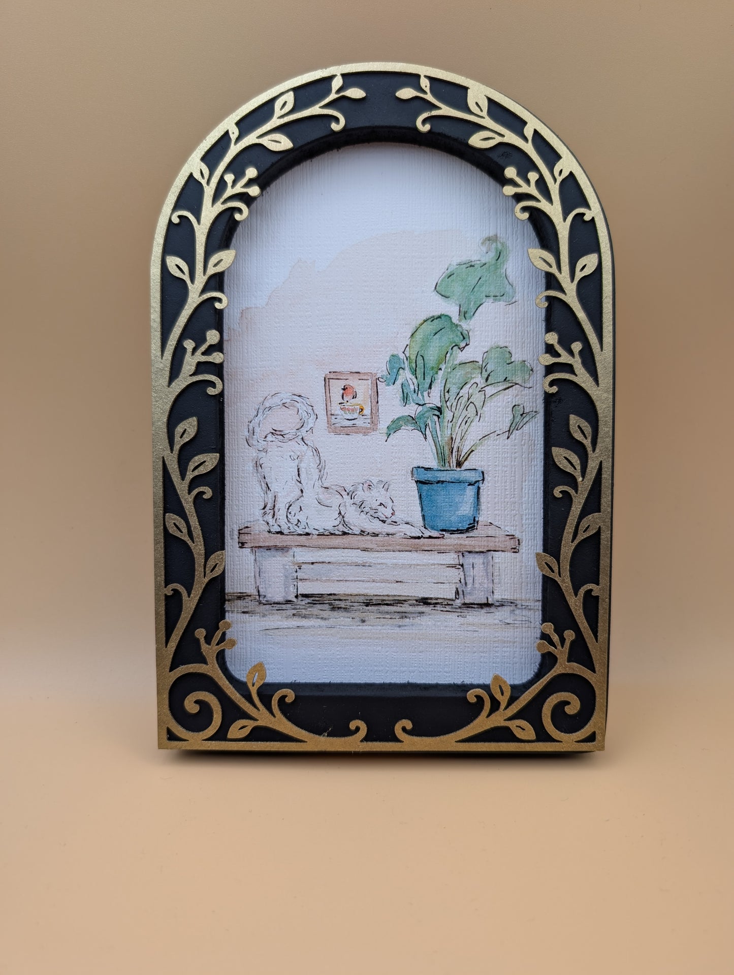 Comfy Cat Stretching - Arched Framed Print