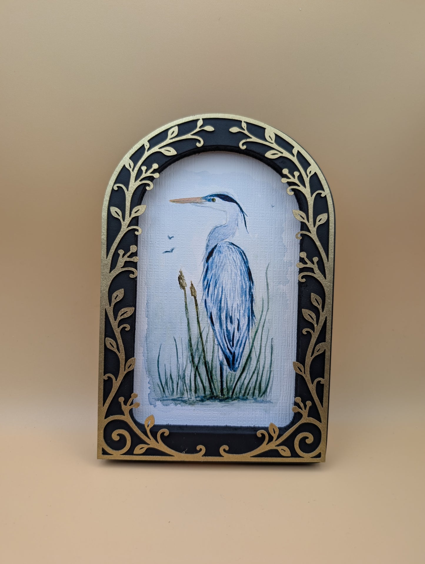 Blue Heron in Reeds - Arched Frame