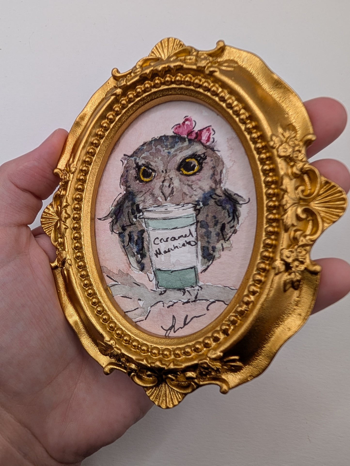 Mini Owl with Caramel Macchiato Painting - Original Watercolor Art by Lora Cavallin