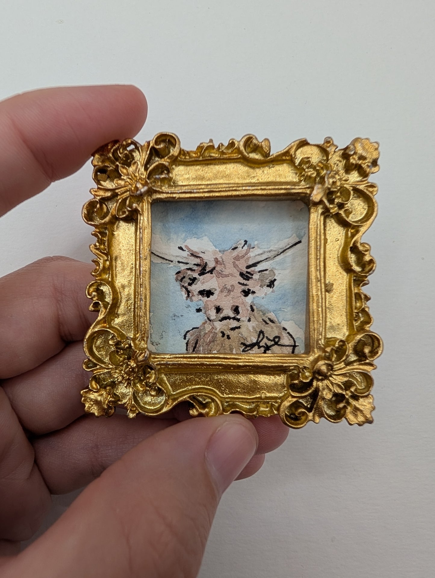 Mini Highland Cow Painting - Original Watercolor Art by Lora Cavallin