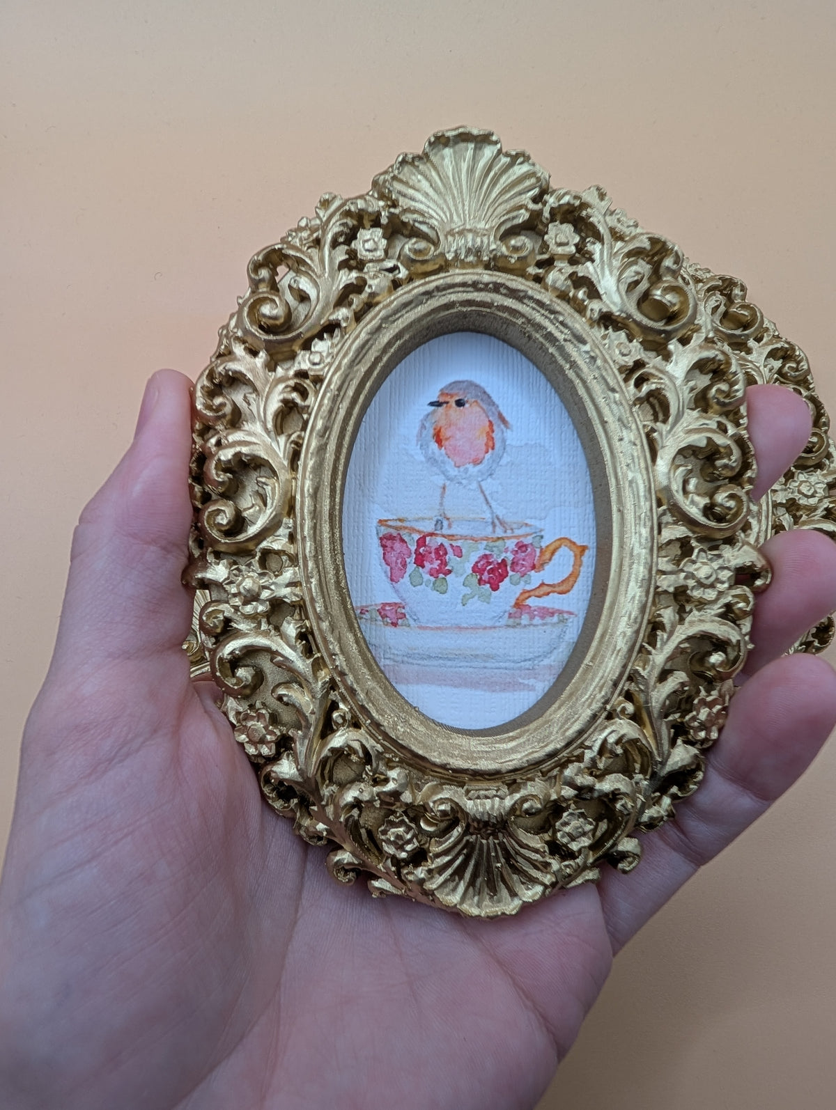Small Birds on Teacups Art Print Set of Three - With Gold Frames - Watercolor Design