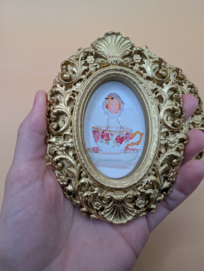 Small Birds on Teacups Art Print Set of Three - With Gold Frames - Watercolor Design