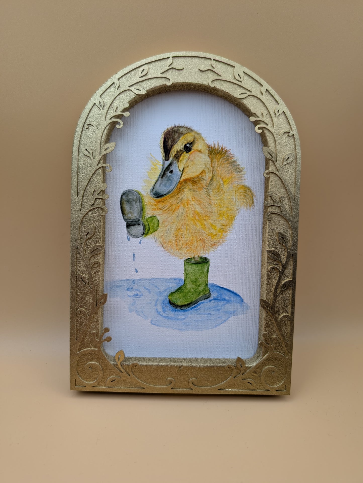 Duck Playing in Puddle Print - Arched Framed Print