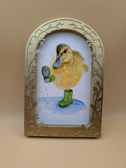 Duck Playing in Puddle Print - Arched Framed Print