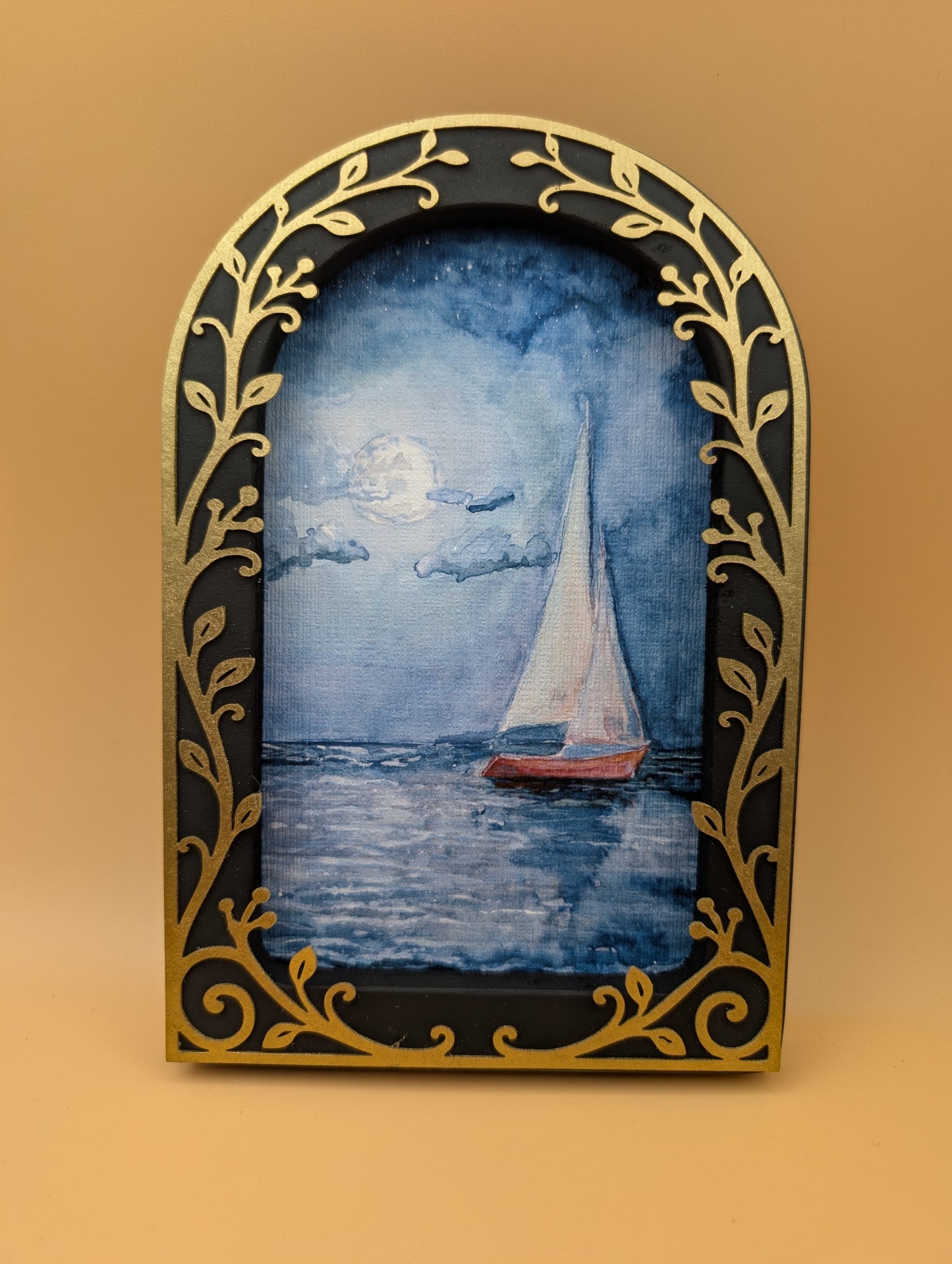 Sailboat and Full Moon Print - Arched Framed Print