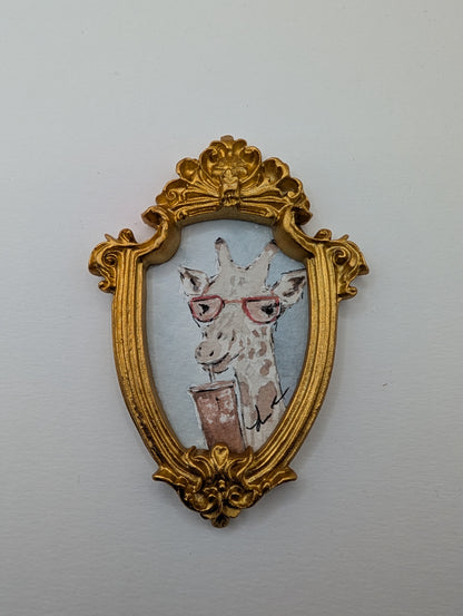 Mini Giraffe with Glasses and Drink Painting - Original Watercolor Art by Lora Cavallin