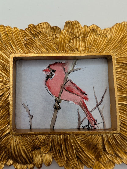 Mini Cardinal Bird Painting - Original Watercolor Art by Lora Cavallin