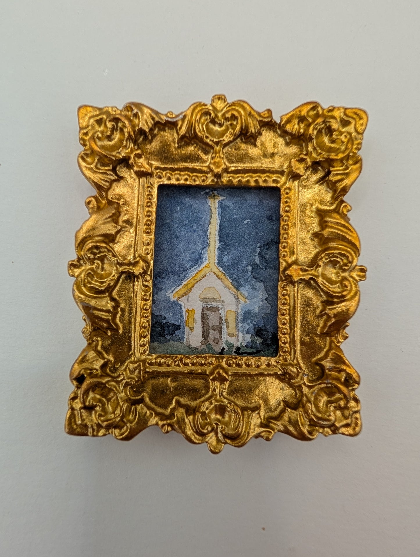 Mini Church at Night Painting - Original Watercolor Art by Lora Cavallin