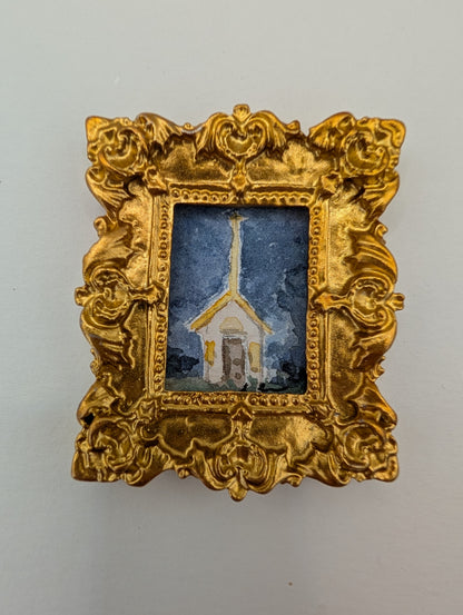 Mini Church at Night Painting - Original Watercolor Art by Lora Cavallin