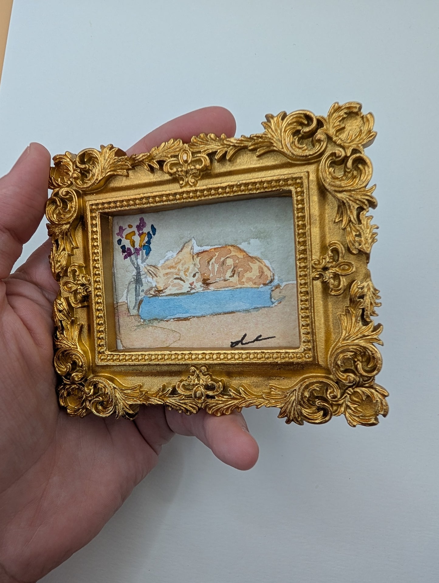 Mini Sleeping Cat Painting - Original Watercolor Art by Lora Cavallin