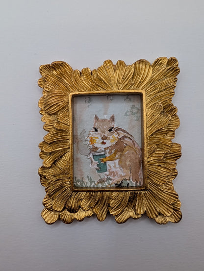 Mini Chipmunk with Coffee Painting - Original Watercolor Art by Lora Cavallin