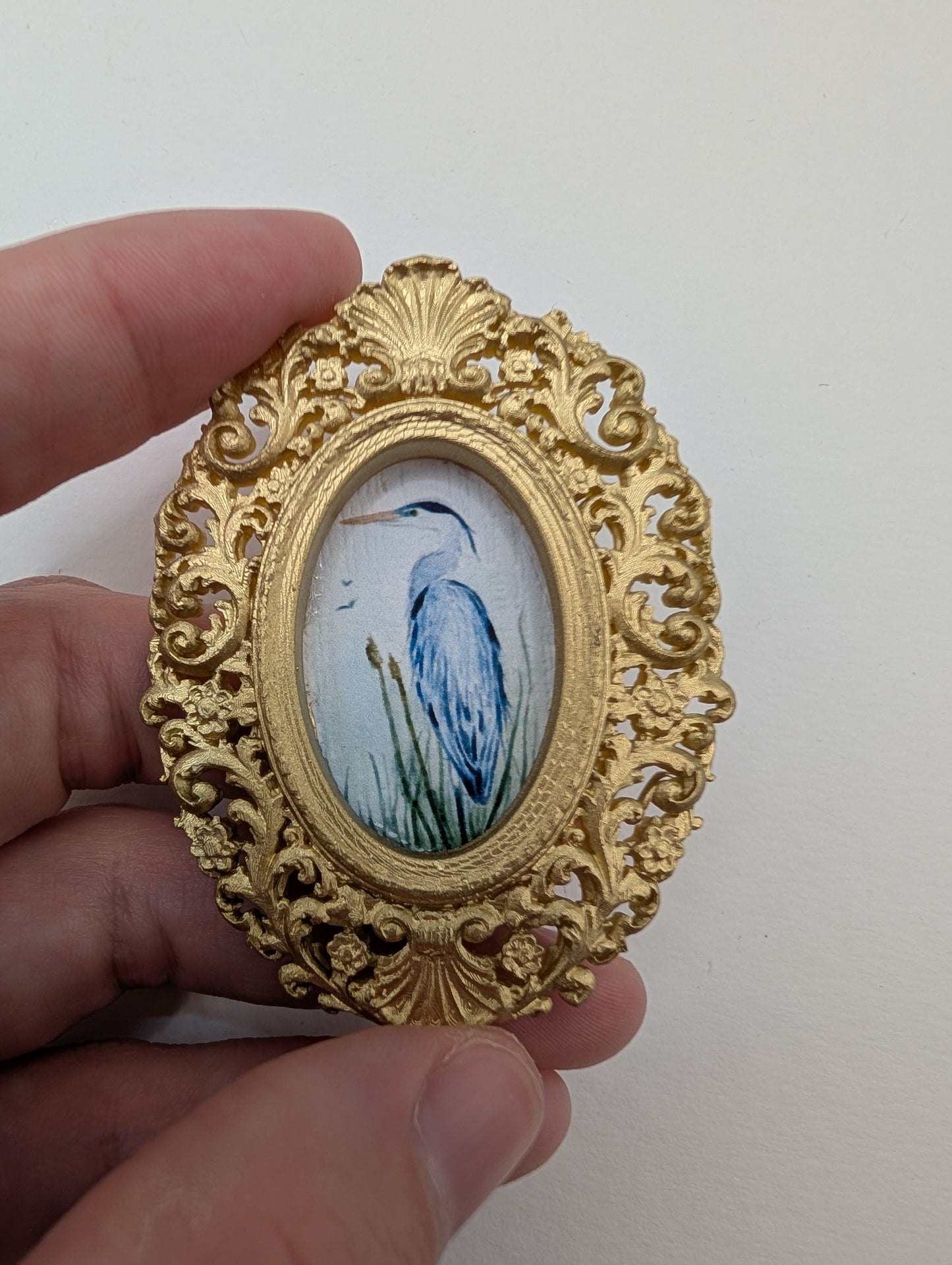 Tiny Blue Heron Watercolor Art Print - Dollhouse Size - With Gold Frame