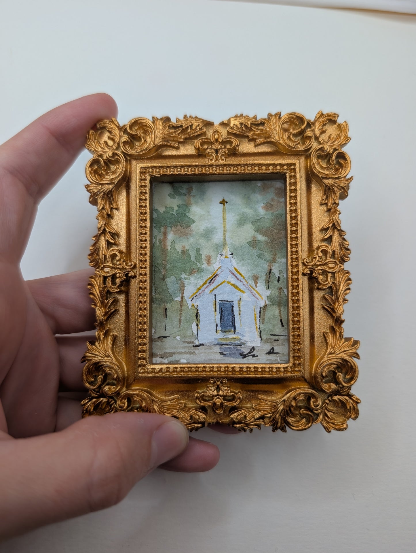 Mini Church Painting - Original Watercolor Art by Lora Cavallin