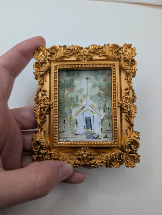 Mini Church Painting - Original Watercolor Art by Lora Cavallin