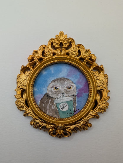 Mini Owl with "Night Shift" Coffee Painting - Original Watercolor Art by Lora Cavallin