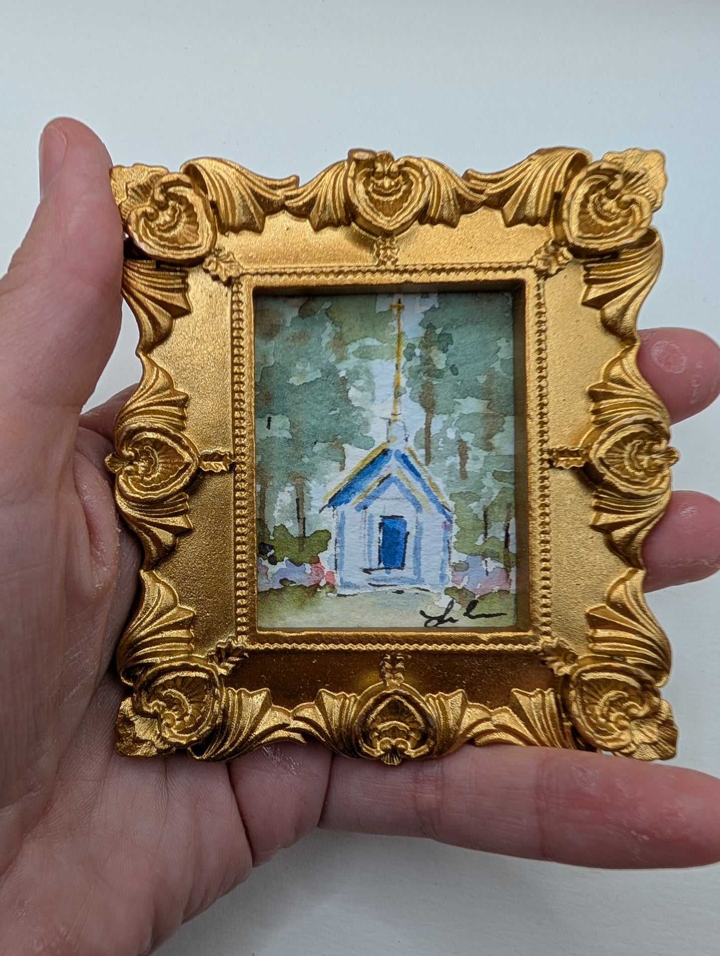 Mini Church Painting - Original Watercolor Art by Lora Cavallin