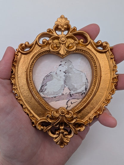 Mini Doves in Love Painting - Original Watercolor Art by Lora Cavallin