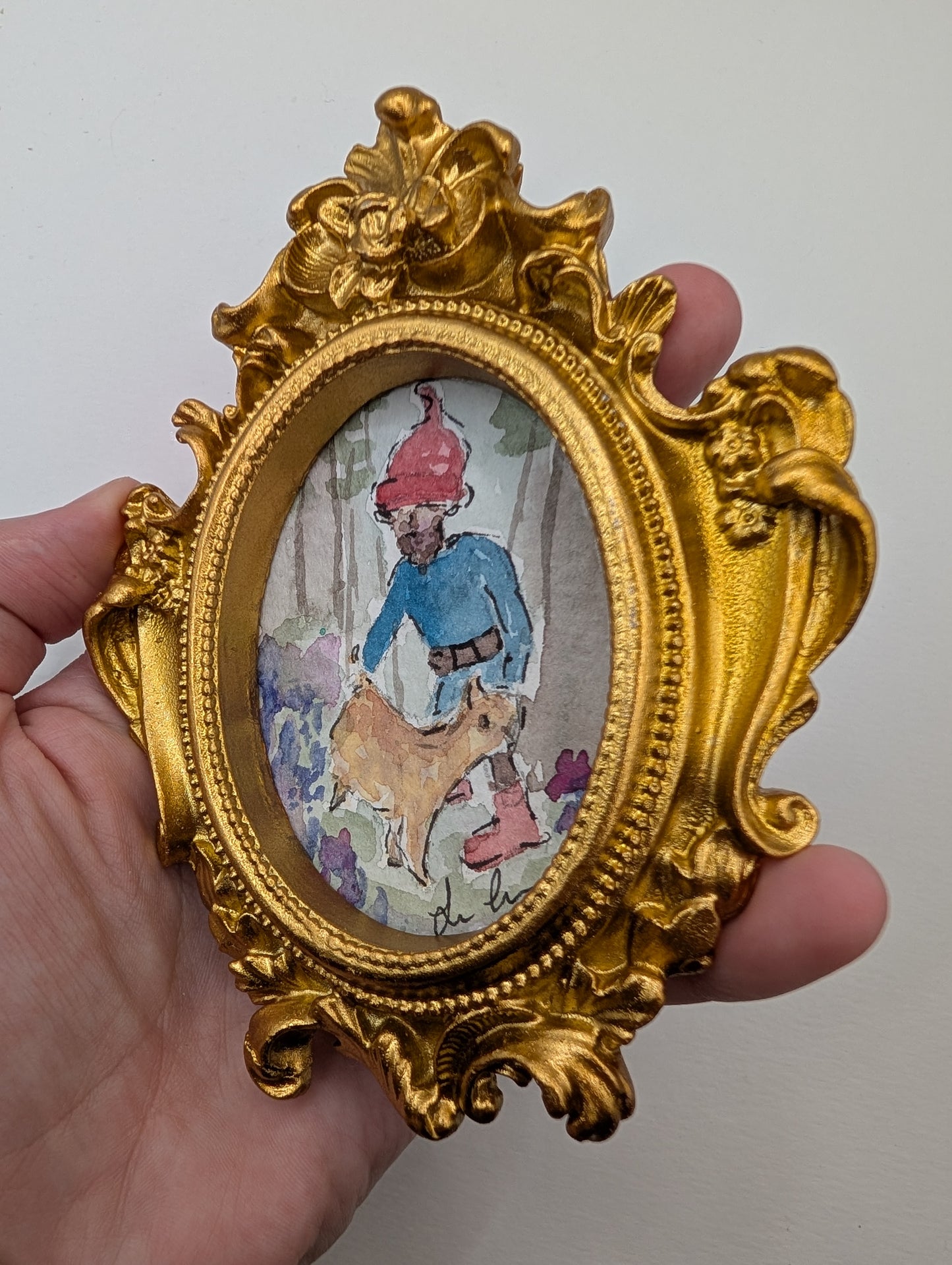 Mini Forrest Gnome with Cat Painting - Original Watercolor Art by Lora Cavallin