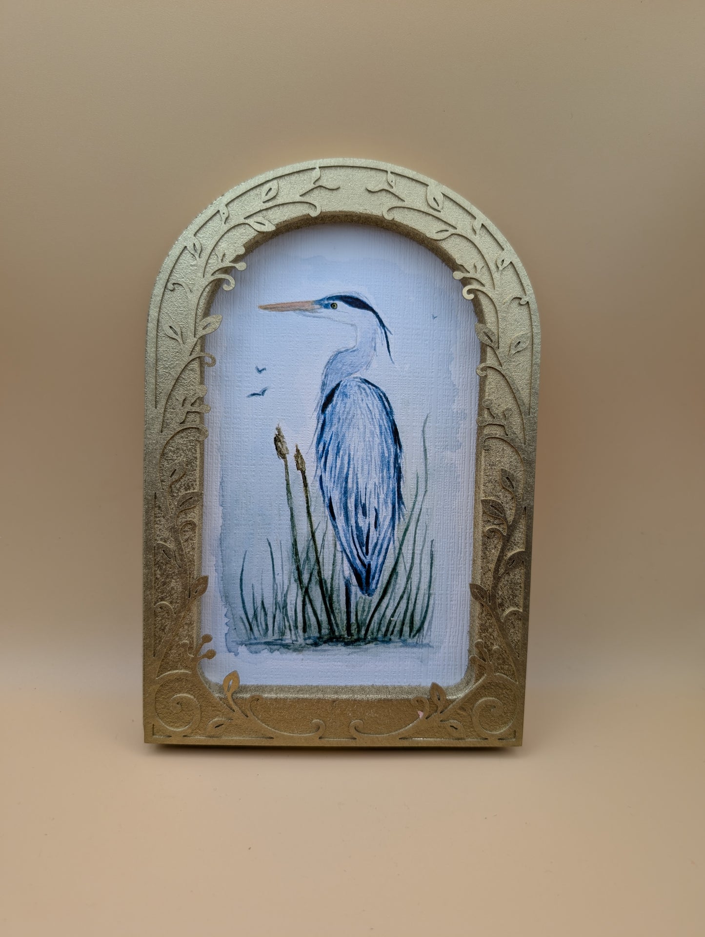 Blue Heron in Reeds - Arched Frame