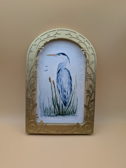Blue Heron in Reeds - Arched Frame