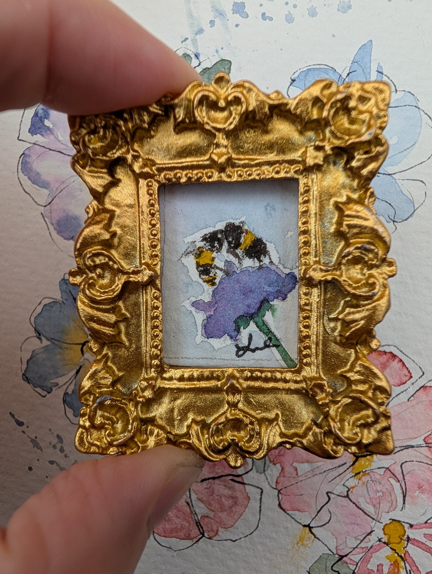 Mini Bee on Flower Painting - Original Watercolor Art by Lora Cavallin