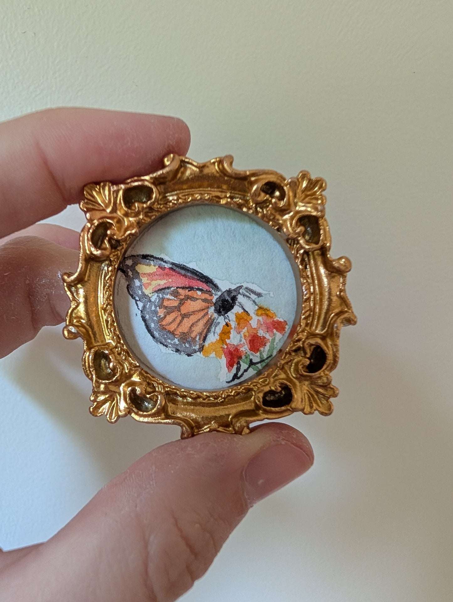 Mini Butterfly on Flower Painting - Original Watercolor Art by Lora Cavallin