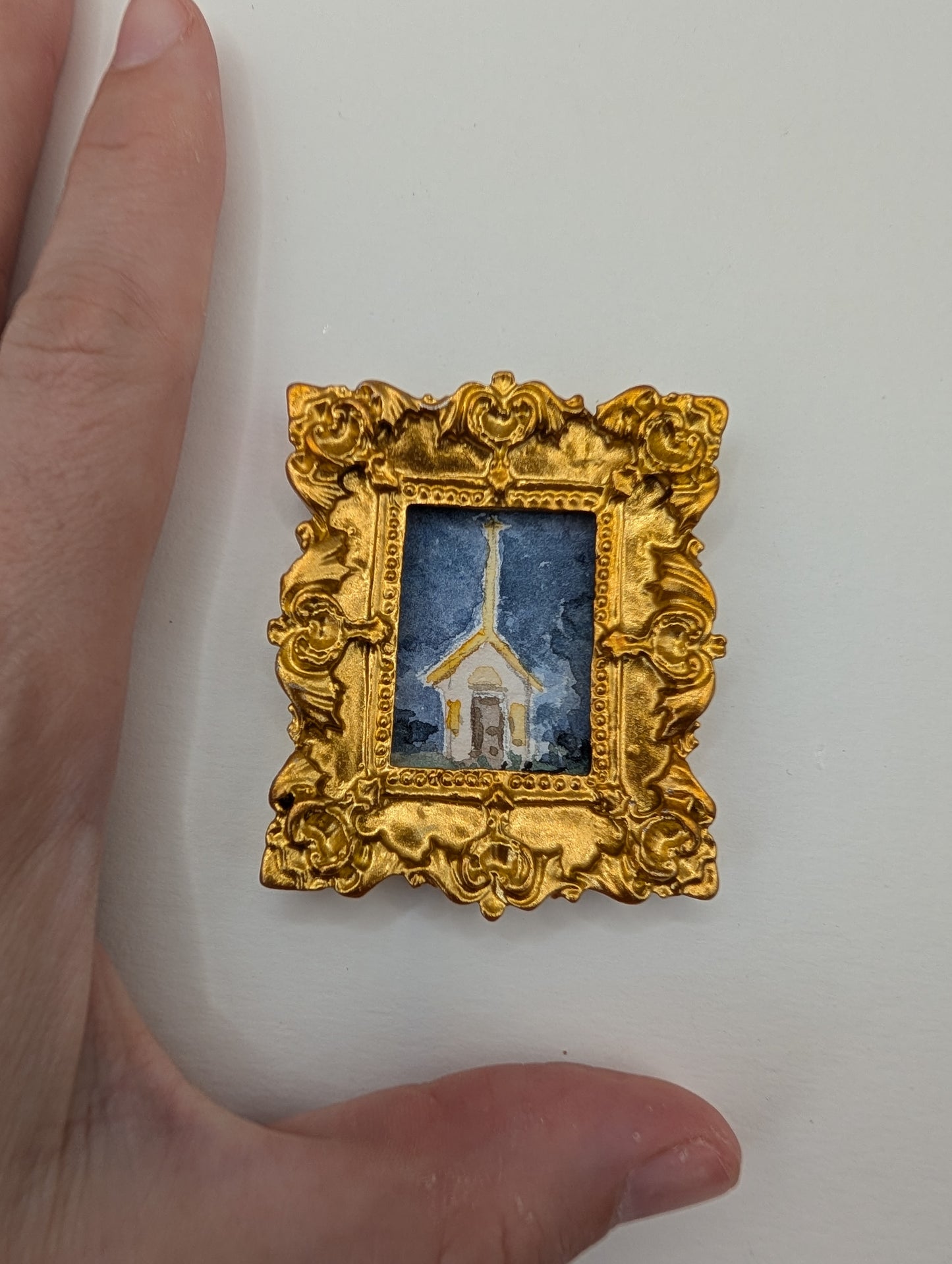 Mini Church at Night Painting - Original Watercolor Art by Lora Cavallin