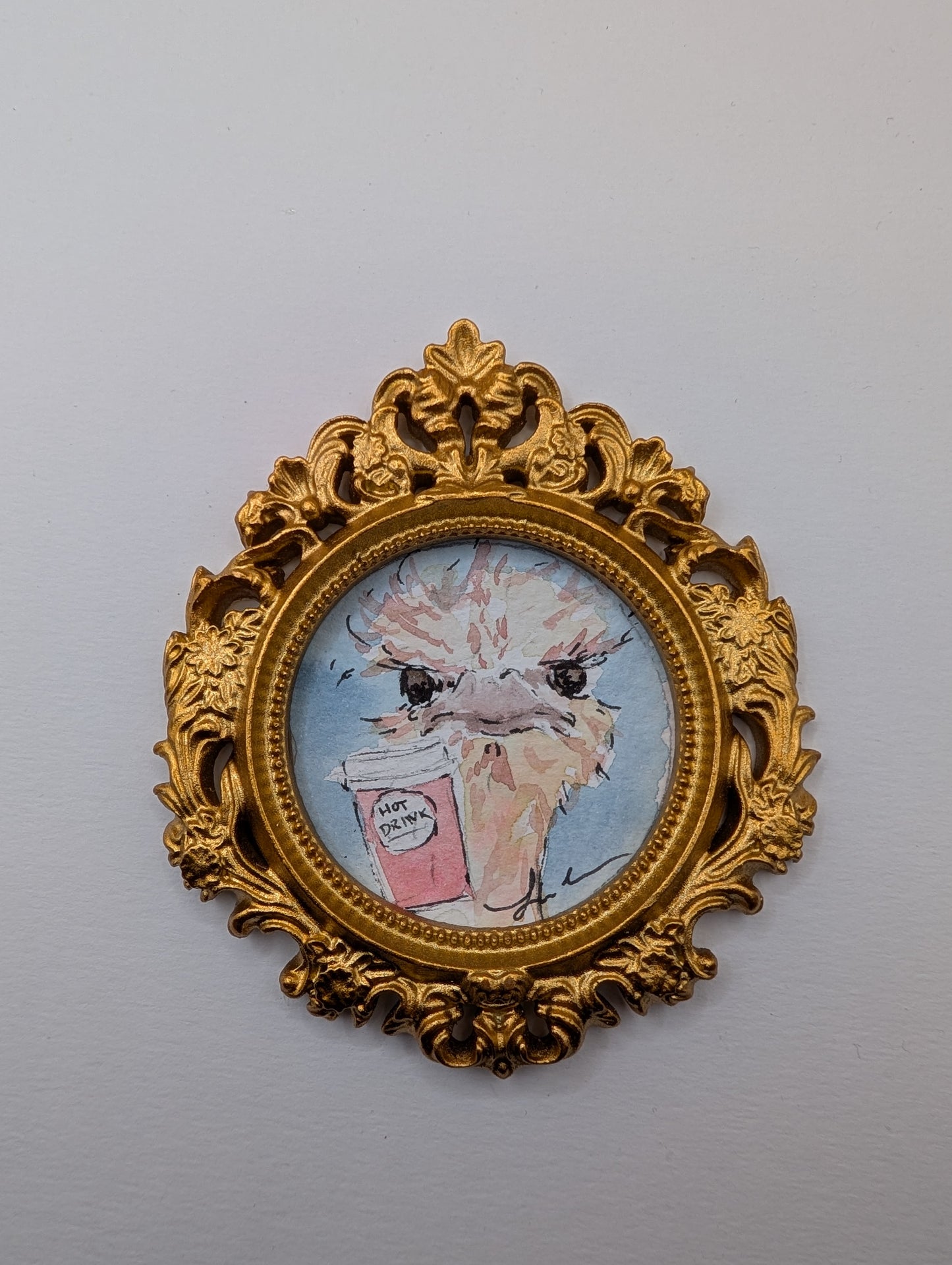 Mini Ostrich with Coffee Painting - Original Watercolor Art by Lora Cavallin