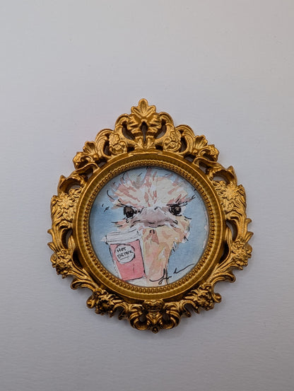 Mini Ostrich with Coffee Painting - Original Watercolor Art by Lora Cavallin
