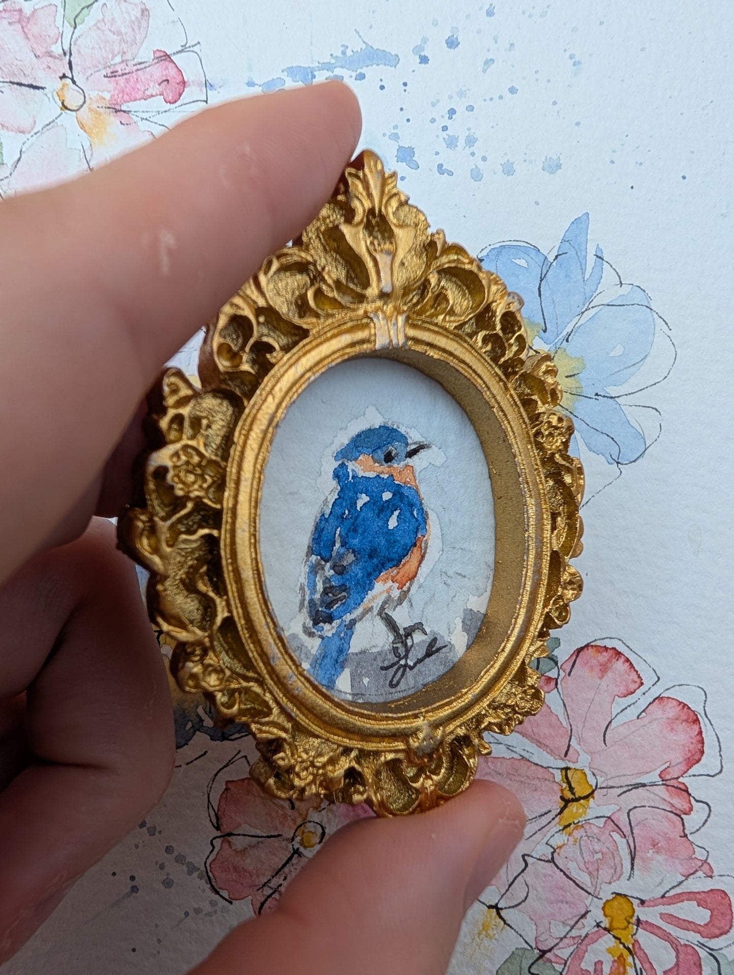 Mini Bluebird Painting - Original Watercolor Art by Lora Cavallin