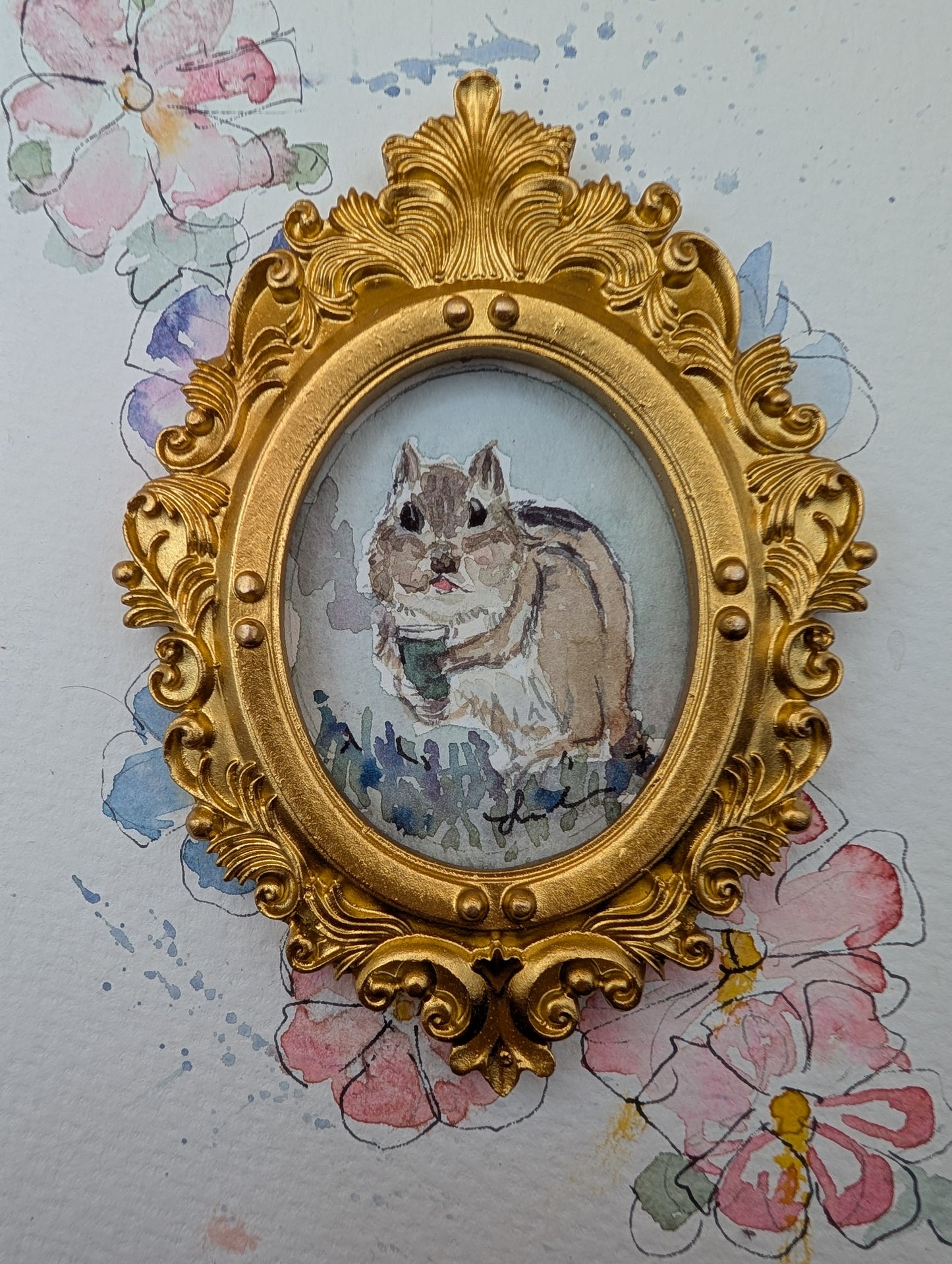Mini Chipmunk with Coffee Painting - Original Watercolor Art by Lora Cavallin