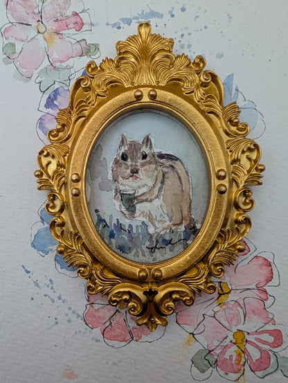 Mini Chipmunk with Coffee Painting - Original Watercolor Art by Lora Cavallin