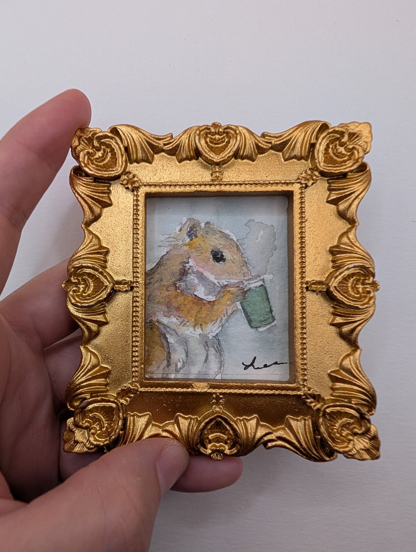 Mini Squirrel with Coffee Painting - Original Watercolor Art by Lora Cavallin