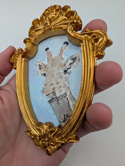 Mini Giraffe with Drink Painting - Original Watercolor Art by Lora Cavallin